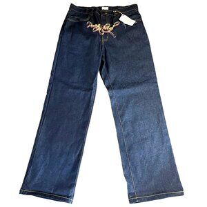 Poverty & Thread Dark Wash Embroidered Logo Straight Leg  Jeans 90s Style
